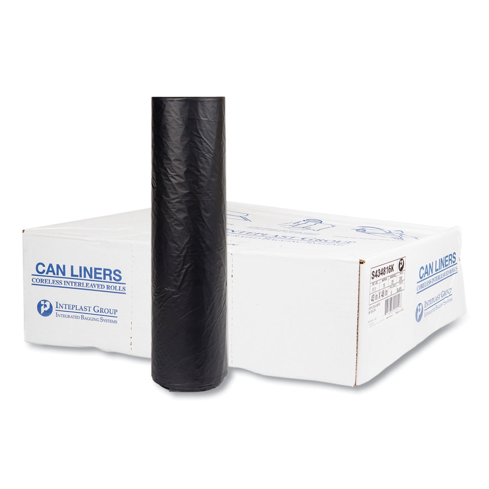 Interplast Group High Density Commercial Can Liners, 56 gal, 0.63 mil, 16 mic, 43in x 48in, Black, Interleaved Roll, 25 Bags/Roll, 8 Rolls/Carton MPN:S434816K