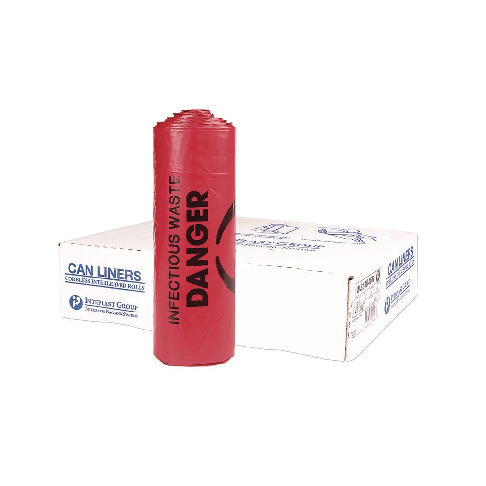 Interplast Group Institutional Low Density Can Liners, Infectious Waste Biohazard, 33 gal, 1.3 mil, 33 x 39, Red, Interleaved, 25/RL, 6 RL/CT MPN:WSL3339R