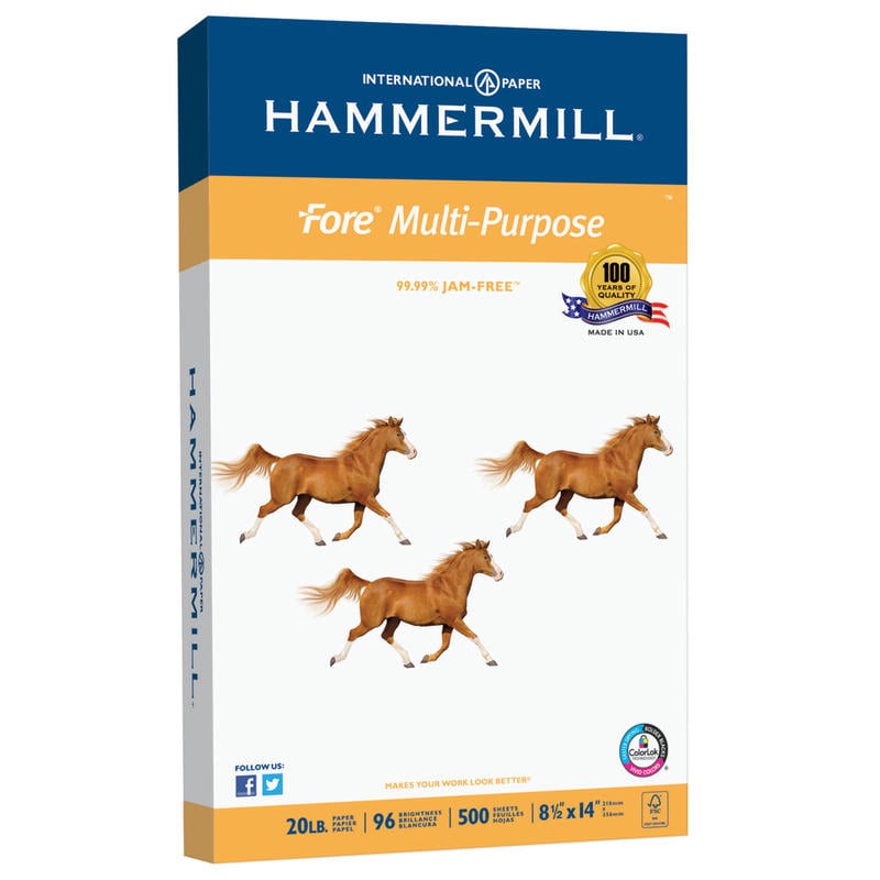 Hammermill Fore Multi-Use Printer & Copy Paper, White, Legal (8.5in x 14in), 500 Sheets Per Ream, 20 Lb, 96 Brightness (Min Order Qty 4) MPN:103291