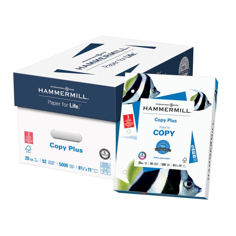 Hammermill 3-Hole Punched Multi-Use Printer & Copier Paper, Letter Size (8 1/2in x 11in), 5000 Total Sheets, 92 (U.S.) Brightness, 20 Lb, White, 500 Sheets Per Ream, Case Of 10 Reams MPN:105031