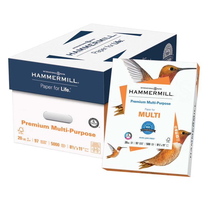 Hammermill Premium Multi-Use Printer & Copy Paper, White, Letter (8.5in x 11in), 5000 Sheets Per Case, 20 Lb, 97 Brightness, Case Of 10 Reams MPN:106310