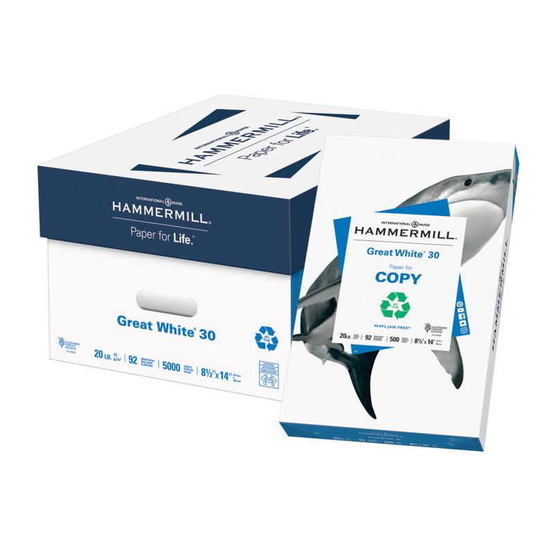 Hammermill Great White Copier Paper, Legal Size (8 1/2in x 14in), 5000 Total Sheets, 20 Lb, 30% Recycled, White, 500 Sheets Per Ream, Case Of 10 Reams MPN:167046