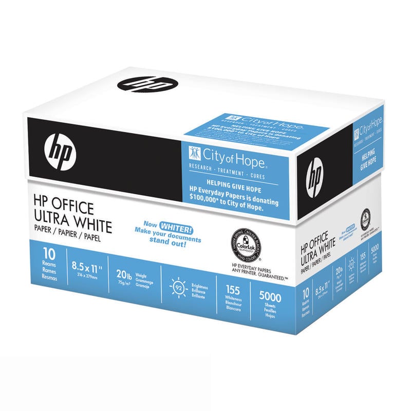 HP Office Multi-Use Printer & Copy Paper, White, Letter (8.5in x 11in), 5000 Sheets Per Case, 20 Lb, 92 Brightness, Case Of 10 Reams MPN:333465