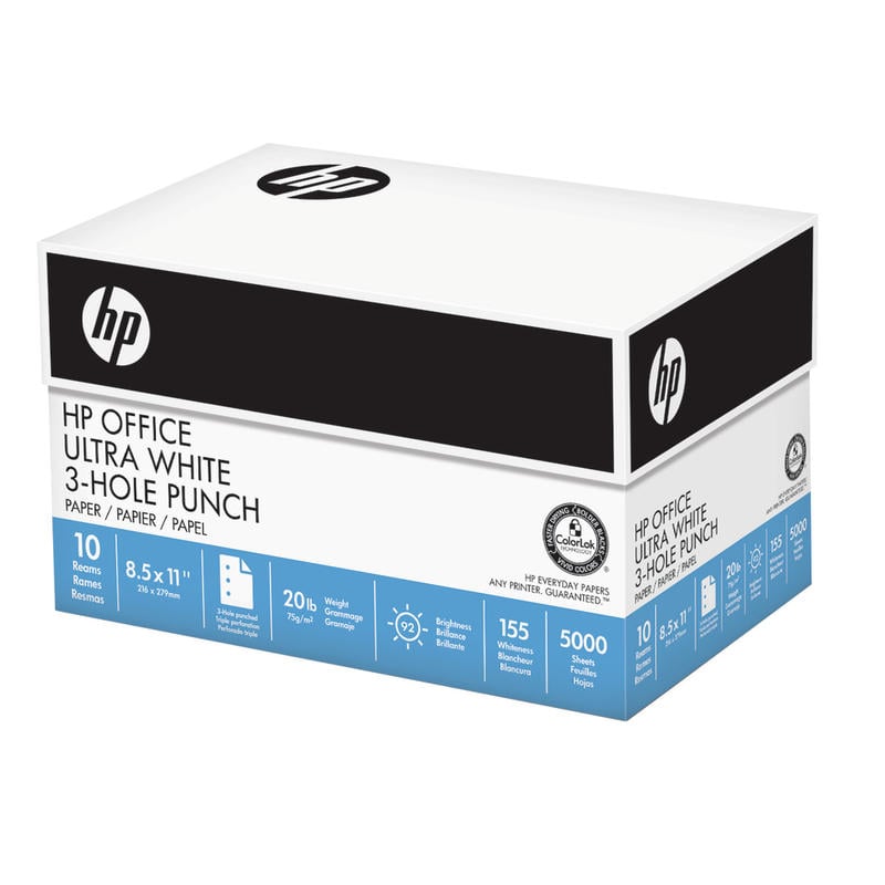 HP Office 3-Hole Punched Multi-Use Printer & Copy Paper, Ultra White, Letter (8.5in x 11in), 5000 Sheets Per Case, 20 Lb, 92 Brightness, Case Of 10 Reams MPN:341759
