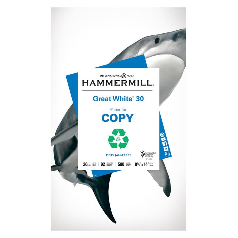 Hammermill Great White Copy Paper, White, Legal (8.5in x 14in), 500 Sheets Per Ream, 20 Lb, 92 Brightness, 30% Recycled (Min Order Qty 5) MPN:679985