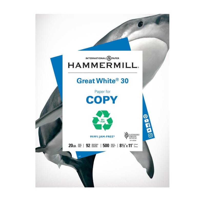 Hammermill Great White Copy Paper, White, Letter (8.5in x 11in), 500 Sheets Per Ream, 20 Lb, 92 Brightness, 30% Recycled (Min Order Qty 5) MPN:745190