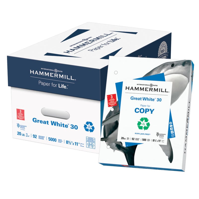 Hammermill Great White 3-Hole Punched Copier Paper, Letter Size (8 1/2in x 11in), 5000 Total Sheets, 20 Lb, 30% Recycled, White, 500 Sheets Per Ream, Case Of 10 Reams MPN:777432