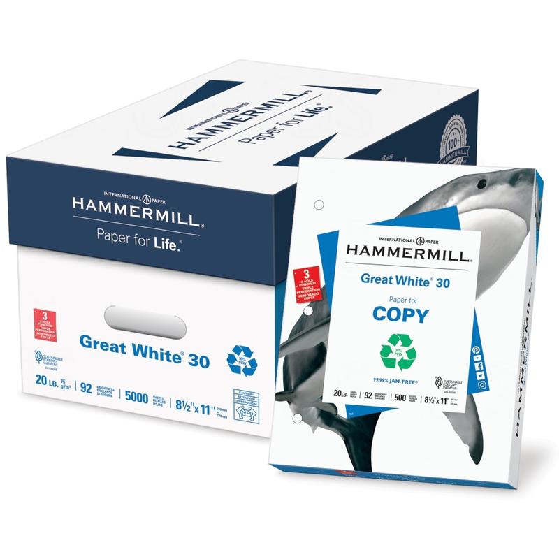 Hammermill Great White 3-Hole-Punched Multi-Use Paper, Letter Size (8 1/2in x 11in), 5000 Sheets Total, 20 Lb, 92 (U.S.) Brightness, 500 Sheets Per Ream, Case Of 10 Reams MPN:86702