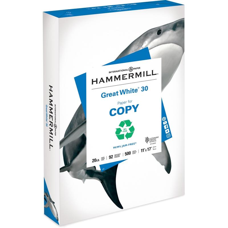 Hammermill Great White Recycled Copy Paper, Ledger Size (11in x 17in), 20 Lb, 30% Recycled, 92 (U.S.) Brightness, Ream Of 500 Sheets (Min Order Qty 3) MPN:86750
