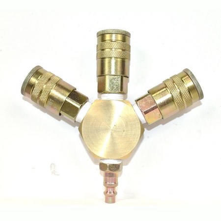 3/8 Inch Brass Flat Hex Manifold with 3 x 1/4 Inch Steel Industrial Couplers MPN:FPM66R-3-KH6