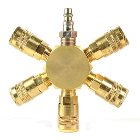 3/8 Inch Brass Flat Hex Manifold with 5 x 1/4 Inch Brass Industrial Couplers MPN:FPM66R-KH4B