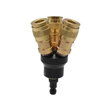 Aluminum Round Manifold with Three 1/4 Inch Brass Universal Couplers, 1/4 Inch Steel Automotive Plug MPN:FPM44-KG4AB