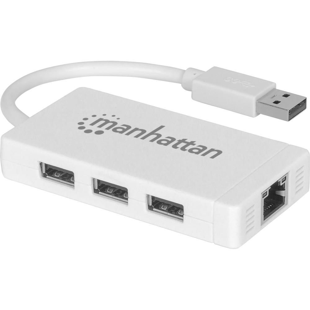 Manhattan 3-Port USB 3.0 Hub with Gigabit Ethernet Adapter - USB 3.0 Type A - External - 3 USB Port(s) - 1 Network (RJ-45) Port(s) - 3 USB 3.0 Port(s) - Mac, PC (Min Order Qty 2) MPN:507578