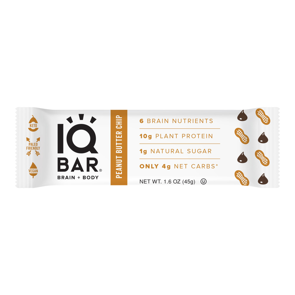 IQ BAR Brain Fuel Protein Bars, Peanut Butter Chip, 1.6 Oz, Box Of 24 Bars MPN:55405