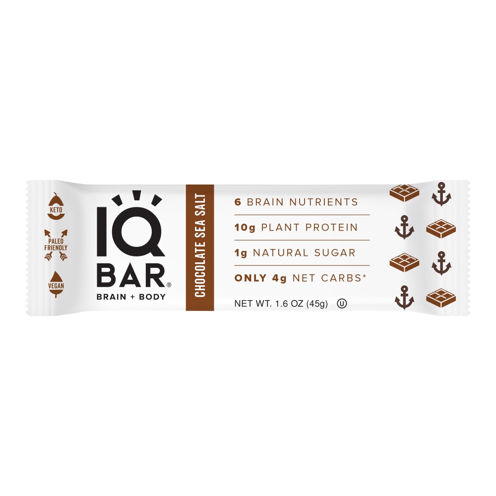 IQ BAR Brain Fuel Protein Bars, Chocolate Sea Salt, 1.6 Oz, Box Of 24 Bars MPN:55407
