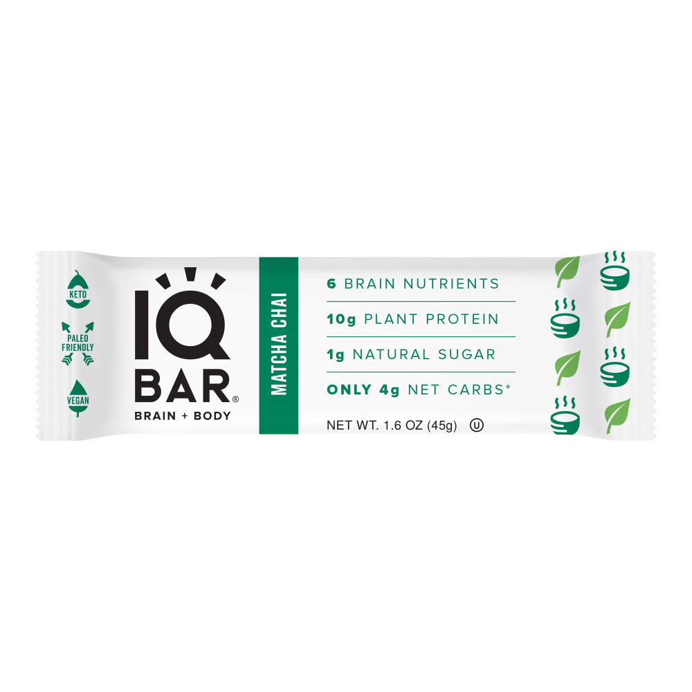 IQ BAR Brain Fuel Protein Bars, Matcha Chai, 1.6 Oz, Box Of 24 Bars MPN:55409