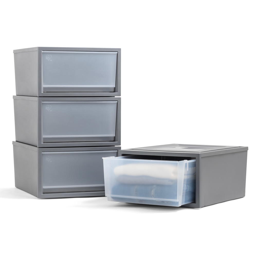 Iris Stackable Storage Bins With Drawers, 10-1/4in x 16-1/8in, Gray, Set Of 3 Bins MPN:500115
