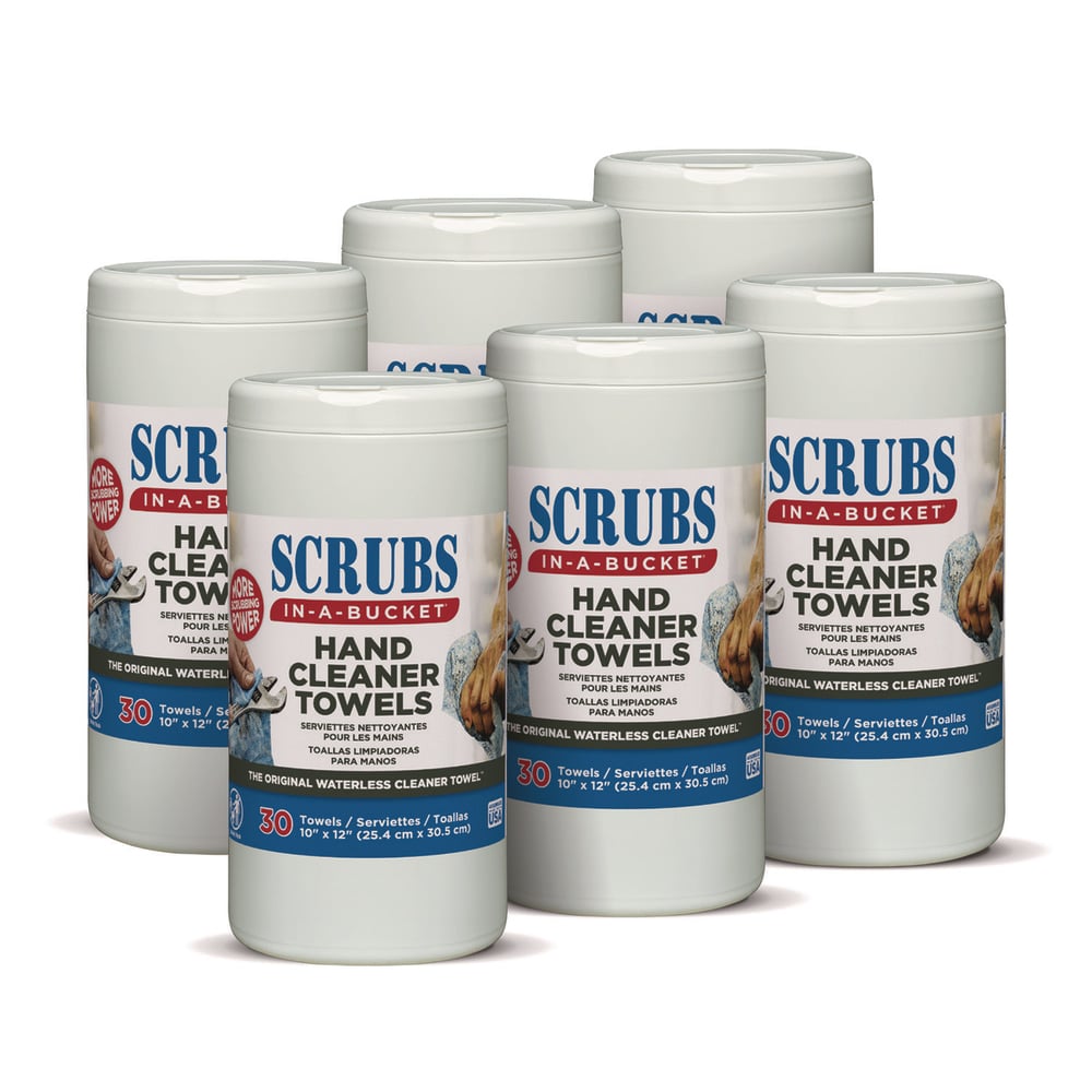 SCRUBS Hand Cleaner Towels, 1-Ply, 10 x 12, Citrus, Blue/White, 30/Canister, 6/Carton MPN:42230