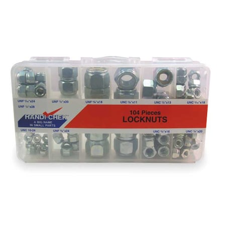 Zinc Plated Finish Steel Nylon Insert Hex Lock Nut Assortment, 104 pc. MPN:DISP-LNUT104