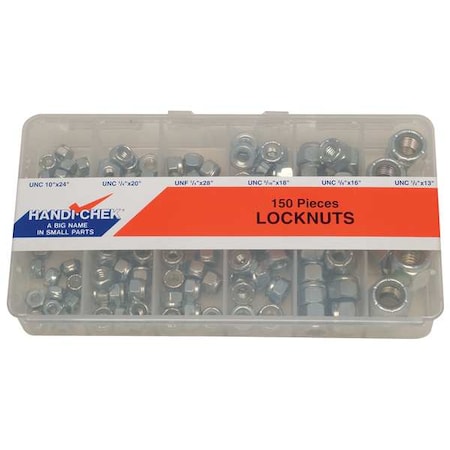 Zinc Plated Finish Steel Standard Hex Nylon Insert Hex Lock Nut Assortment, 150 pcs. MPN:WWG-DISP-LNUT150C-1