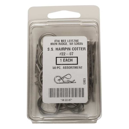 Cotter Pin Assortment, 18-8 Stainless Steel, Plain, 50 Pcs MPN:WWG-DISP-BPS050