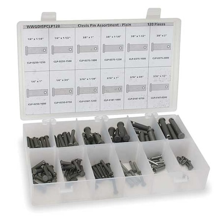 Clevis, Cotter, Taper Pin Assortment, Steel, Plain, 74 Pcs MPN:WWG-DISP-CLP-BP074