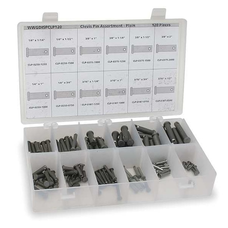 Clevis, Cotter Pin Assortment, 18-8 Stainless Steel, Plain, 120 Pcs MPN:WWG-DISP-CLPS120-1