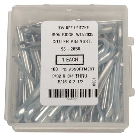 Cotter Pin Assortment, Steel, Zinc Plated, 100 Pcs MPN:WWG-DISP-CP100HC