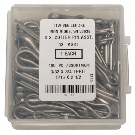 Cotter Pin Assortment, 18-8 Stainless Steel, Plain, 100 Pcs MPN:WWG-DISP-CPS100