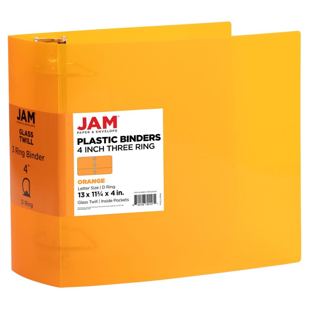 JAM PAPER 3 Ring Plastic Binder, 4 inch, Orange, Sold Individually MPN:PB75245OR