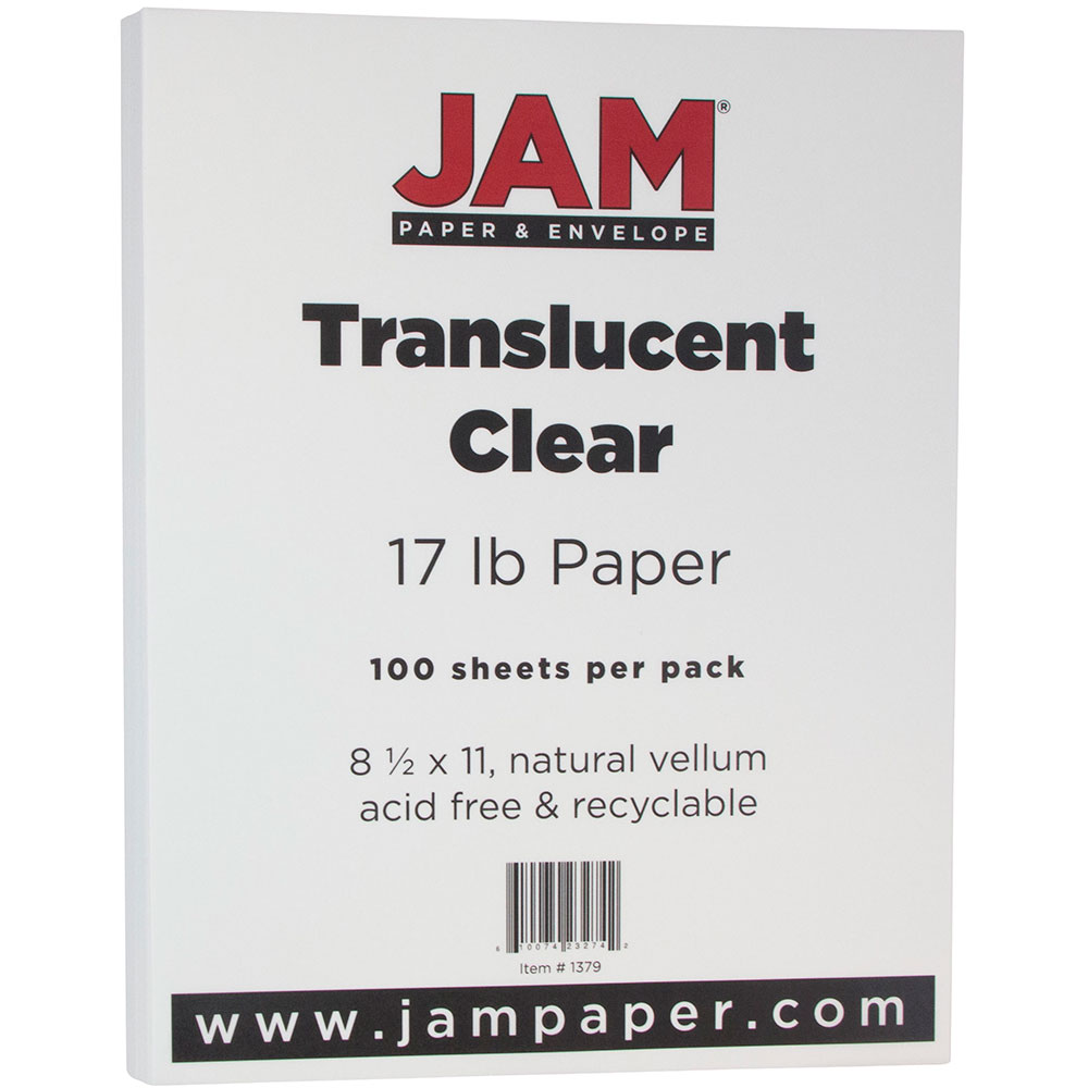 JAM Paper Letter Card Stock, Clear Translucent Vellum, Letter (8.5in x 11in), 17 Lb, Pack Of 100 MPN:1379