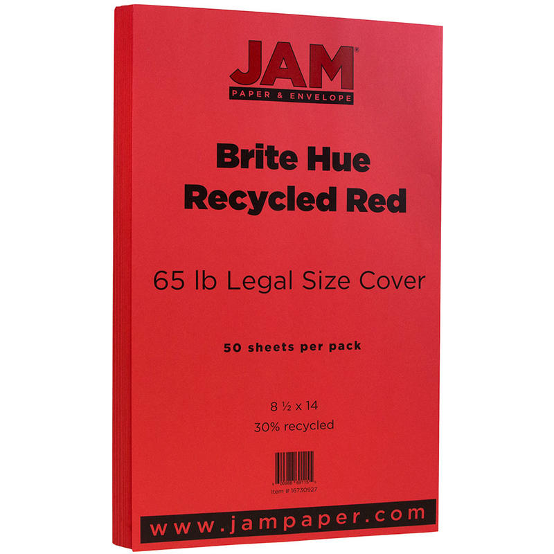 JAM Paper Legal Card Stock, Red, Legal (8.5in x 14in), 65 Lb, Pack Of 50 MPN:16730927