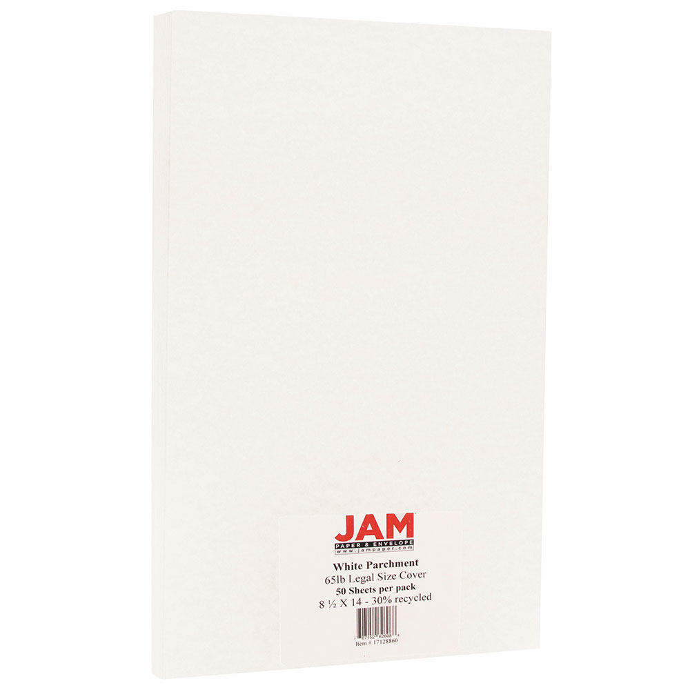 JAM Paper Legal Card Stock, White Parchment, Legal (8.5in x 14in), 65 Lb, Pack Of 50 MPN:17128860