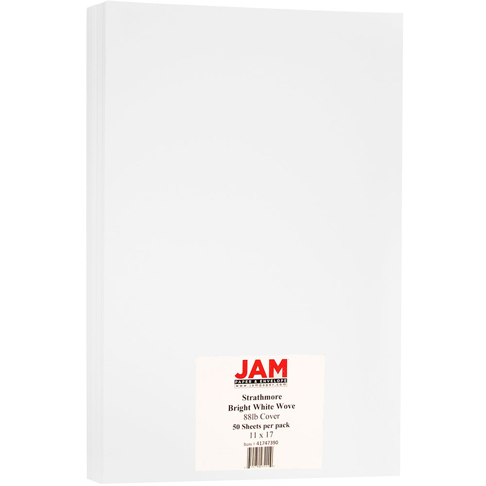 JAM Paper Card Stock, Strathmore Bright White Wove, Ledger (11in x 17in), 88 Lb, Pack Of 50 MPN:41747390OD