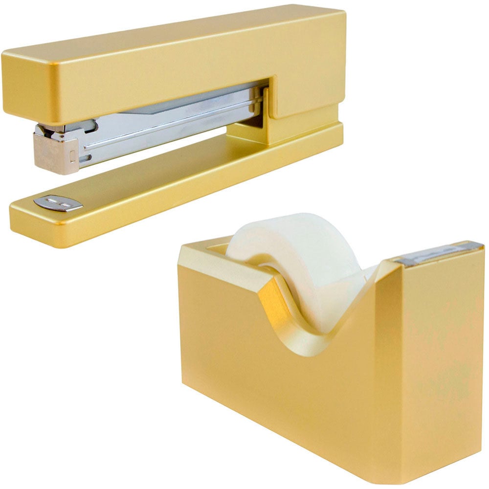 JAM Paper 2-Piece Office And Desk Set, 1 Stapler & 1 Tape Dispenser, Gold MPN:3378GO