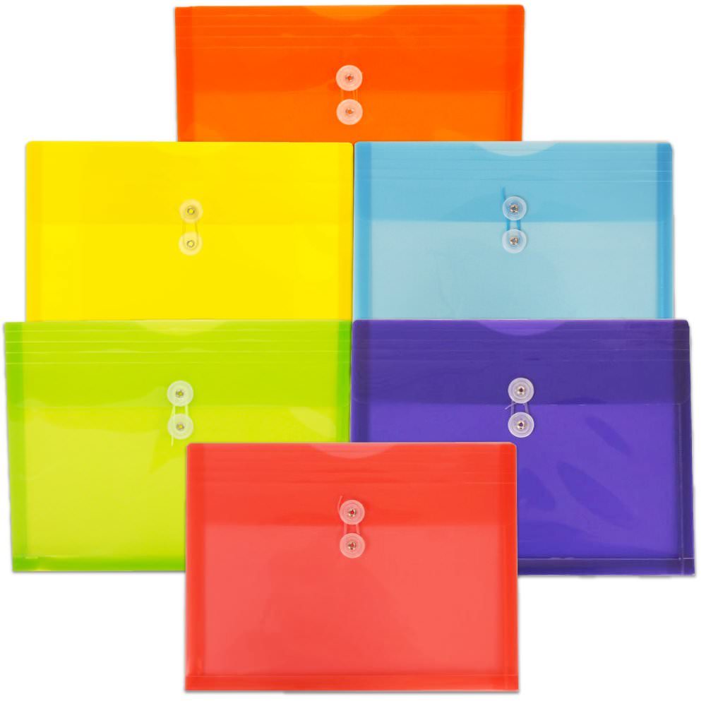 JAM Paper Plastic Letter Booklet Envelopes, 9-3/4in x 13in, Button & String Closure, Assorted Colors, Pack Of 6 Envelopes MPN:218B1RGBOYPOD