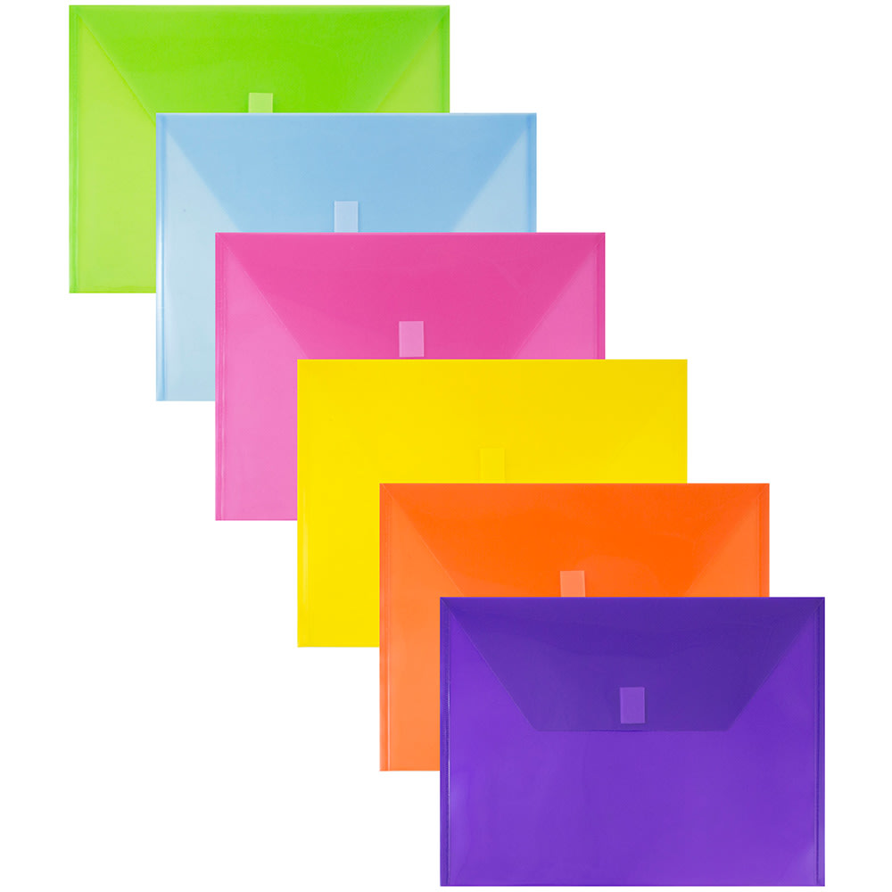 JAM Paper Plastic Envelopes, 9-3/4in x 13in, Hook & Loop Closure, No Expansion, Assorted Colors, Pack Of 6 Envelopes MPN:218V0ASSRTOD