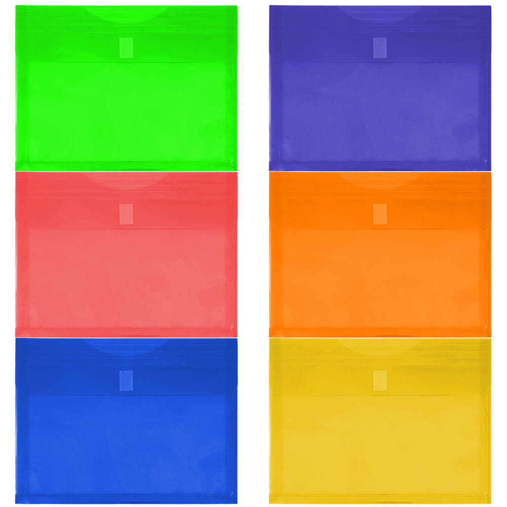 JAM Paper Plastic Envelopes, 9-3/4in x 13in, Hook & Loop Closure, Assorted Colors, Pack Of 6 Envelopes MPN:218V1RGBYPOROD