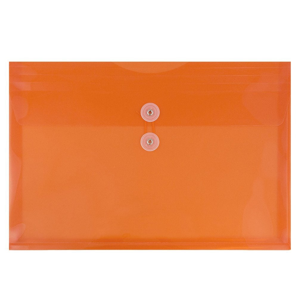 JAM Paper Plastic Booklet Envelopes, Legal-Size, 9 3/4in x 14 1/2in, Button & String Closure, Orange, Pack Of 12 MPN:219B1OR