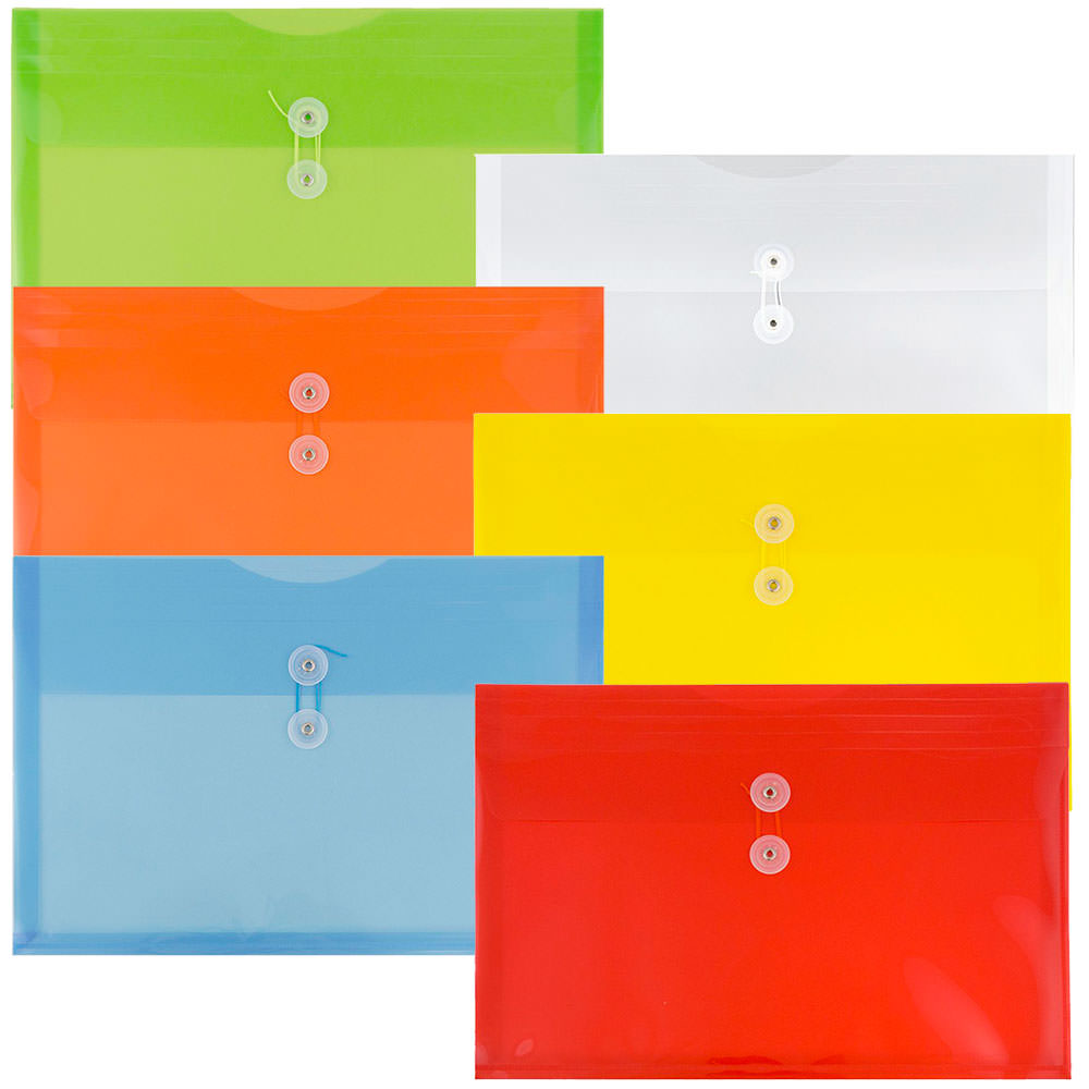 JAM Paper Legal Plastic Booklet Envelopes, 9-3/4in x 14-1/2in, Button & String Closure, Assorted Colors, Pack Of 6 Envelopes MPN:219B1RLIGBYORCLOD