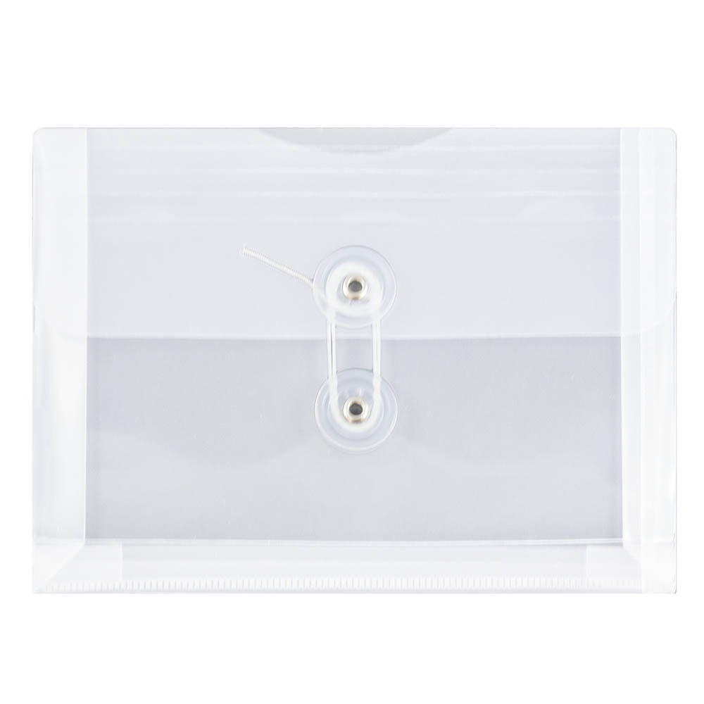 JAM Paper Index Booklet Plastic Envelopes, 5 1/2in x 7 1/2in, Button & String Closure, Clear, Pack Of 12 MPN:920B1CL