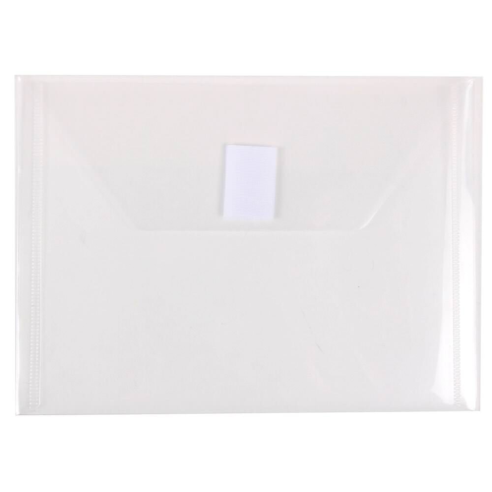 JAM Paper Plastic Booklet Envelopes With Hook-And-Loop Fastener, 5 1/2in x 7 1/2in, Gummed Seal, Clear, Pack Of 12 MPN:920V0CL