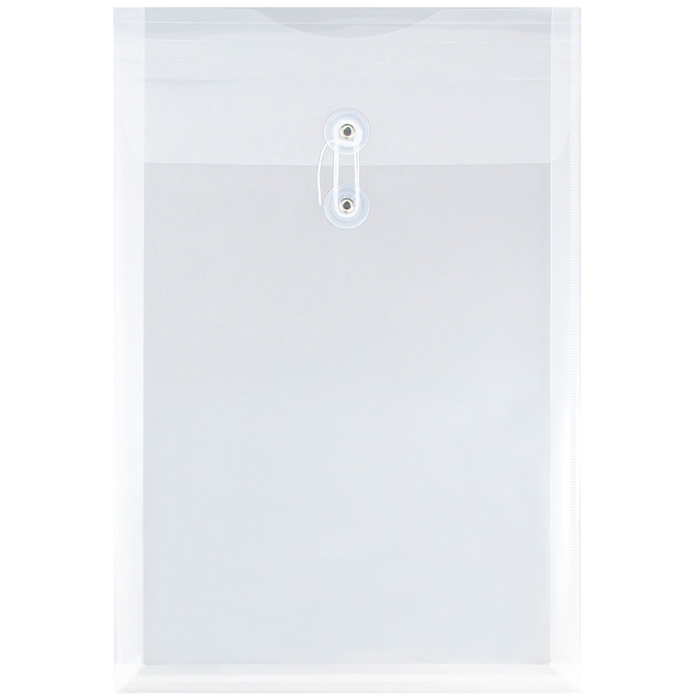 JAM Paper Open-End Plastic Envelopes, Legal-Size, 9 3/4in x 14 1/2in, Button & String Closure, Clear, Pack Of 12 MPN:119B1CL
