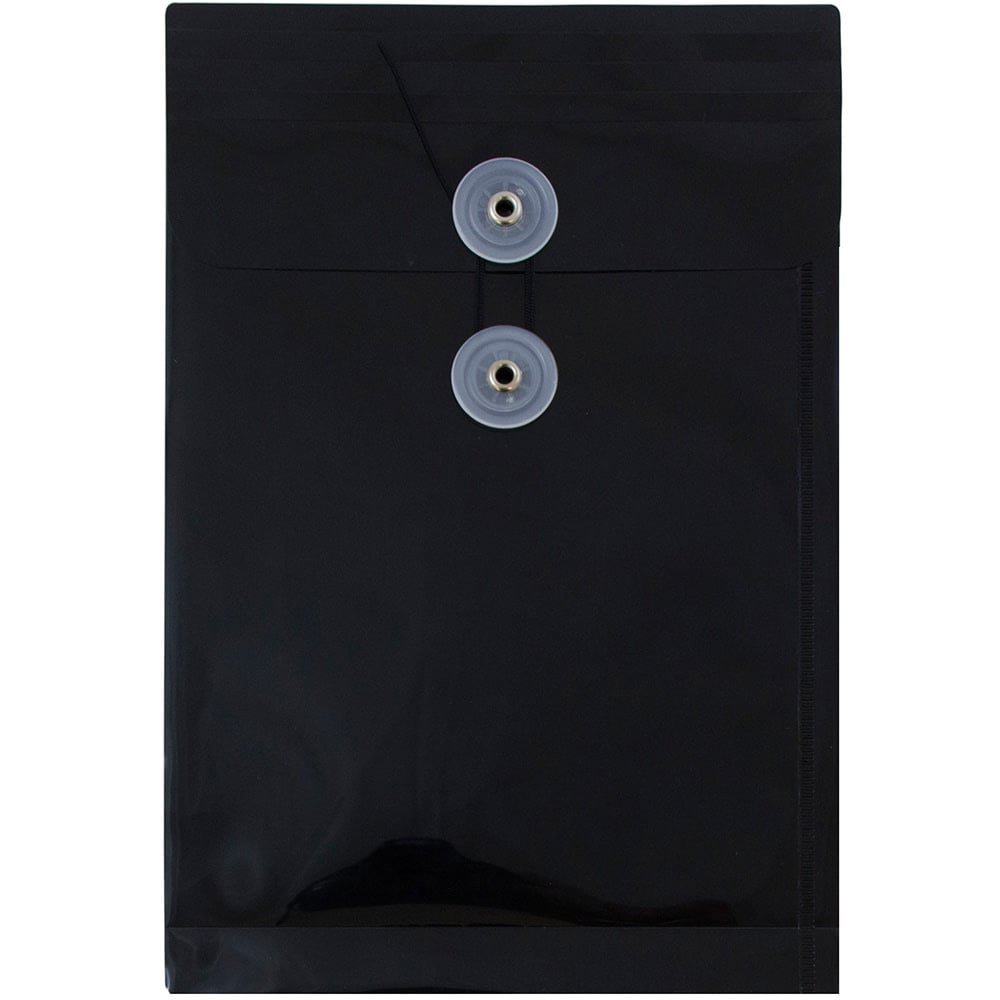JAM Paper Open-End Plastic Envelopes, 6 1/4in x 9 1/4in, Button & String Closure, Black, Pack Of 12 MPN:472B1BL