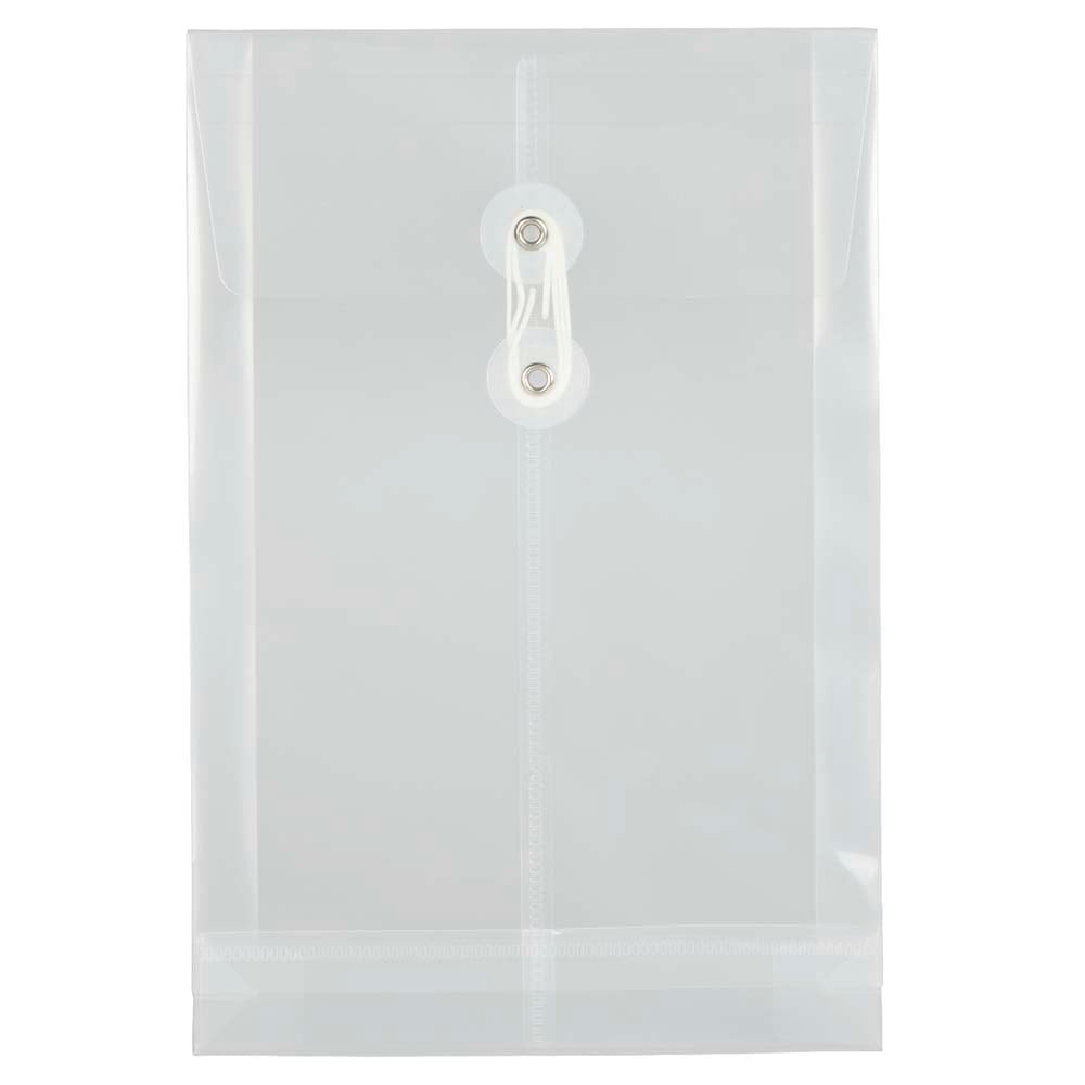 JAM Paper Open-End Plastic Envelopes, 6 1/4in x 9 1/4in, Button & String Closure, Clear, Pack Of 12 MPN:472B1CL