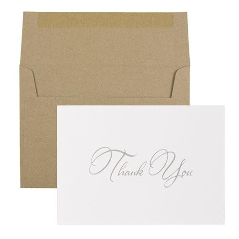 JAM Paper Thank You Card Sets, 4-7/8in x 3-3/8in, Silver Script Cards With Kraft Envelopes, Pack Of 25 Cards And Envelopes MPN:334934849BK