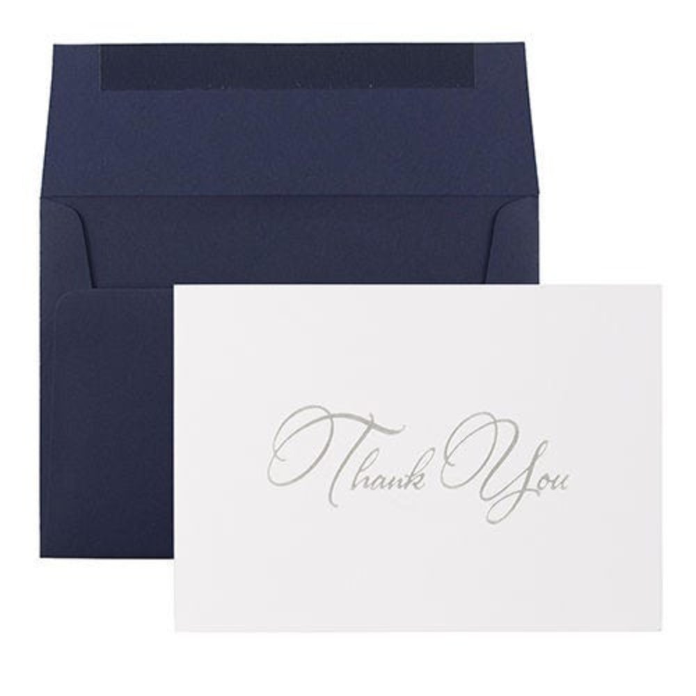 JAM Paper Thank You Card Sets, 4-7/8in x 3-3/8in, Silver Script Cards With Navy Blue Envelopes, Pack Of 25 Cards And Envelopes MPN:334934849NV
