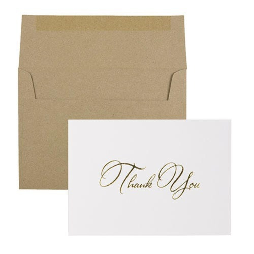 JAM Paper Thank You Card Sets, 4-7/8in x 3-3/8in, White Cards With Gold Script And Kraft Envelopes, Pack Of 25 Cards And Envelopes MPN:334934857BK