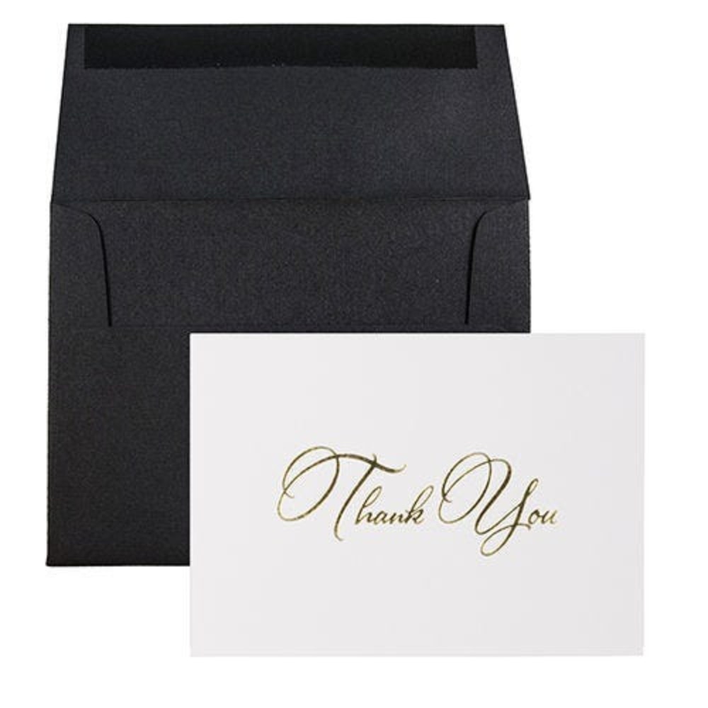 JAM Paper Thank You Card Sets, 4-7/8in x 3-3/8in, White Cards With Gold Script And Black Linen Envelopes, Pack Of 25 Cards And Envelopes MPN:334934857BL
