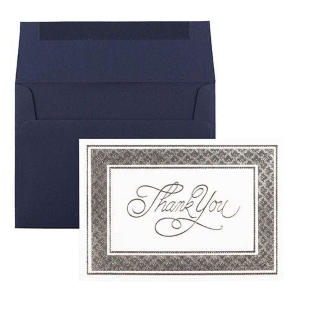 JAM Paper Thank You Card Sets, 4-7/8in x 3-3/8in, Silver Border Cards With Navy Blue Envelopes, Pack Of 25 Cards And Envelopes MPN:336334880NV